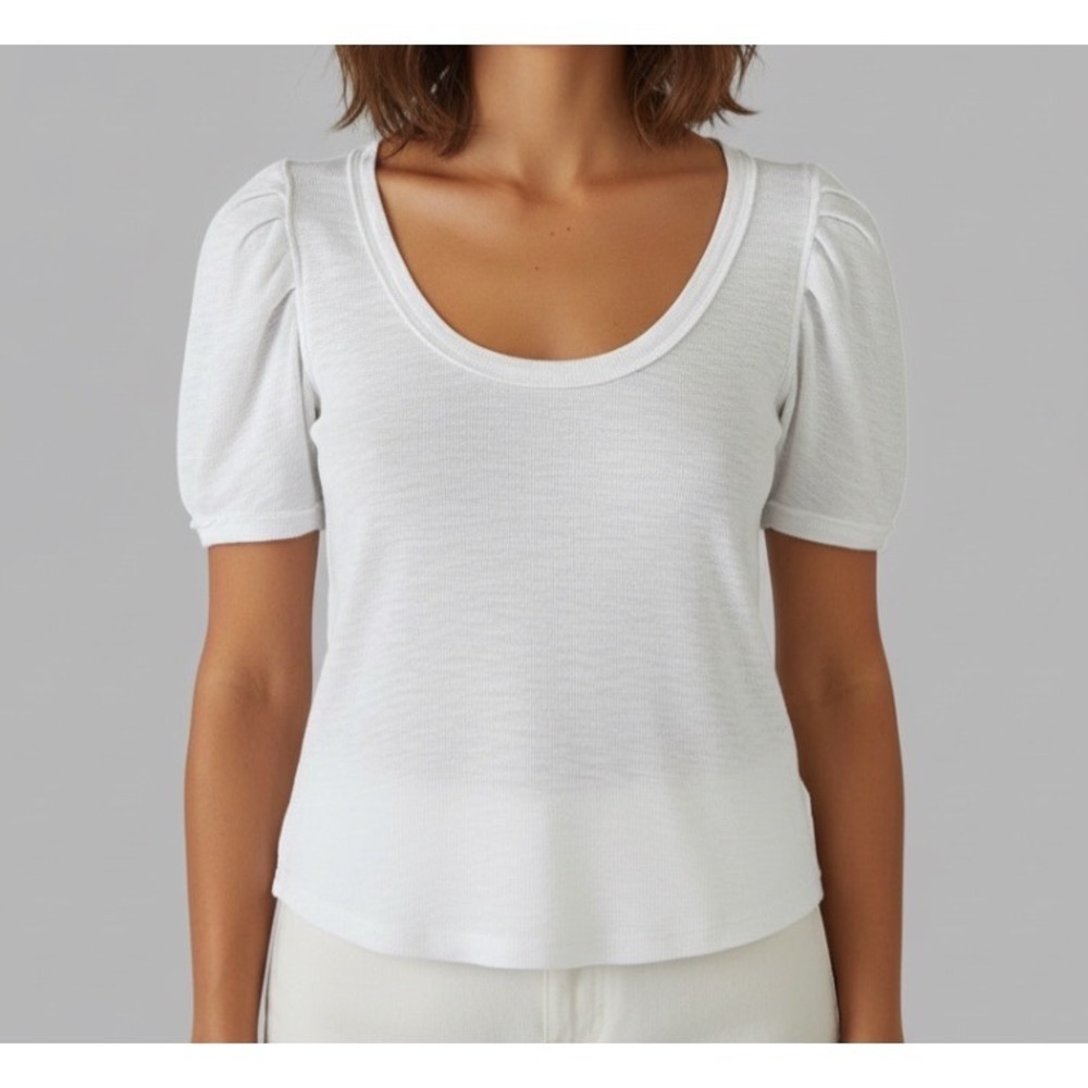 WE THE FREE People PAPAYA PUFF SLEEVE TOP White Thermal Knit Cut Edges Cotton M